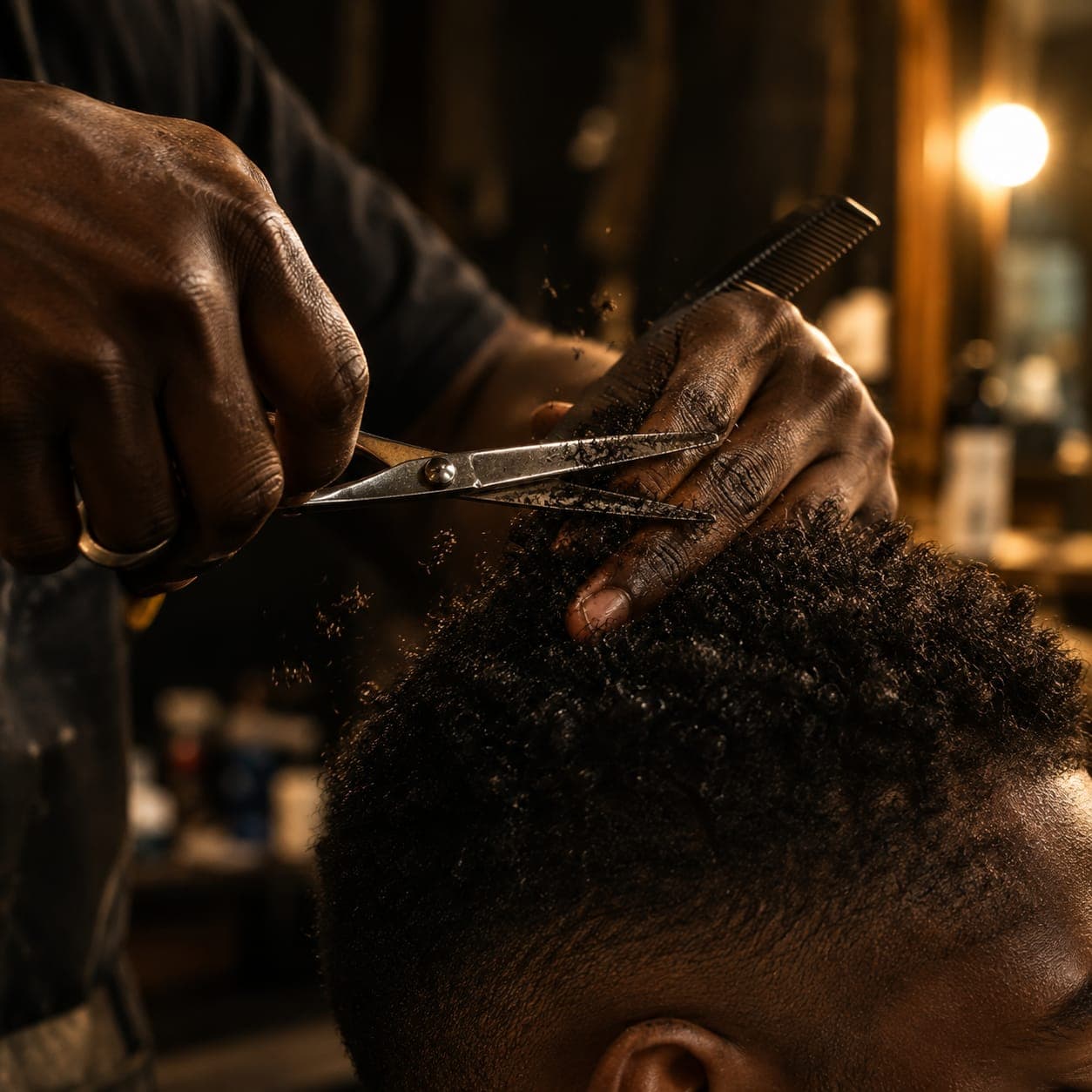 Des ciseaux coupent le dessus des cheveux d'un client.