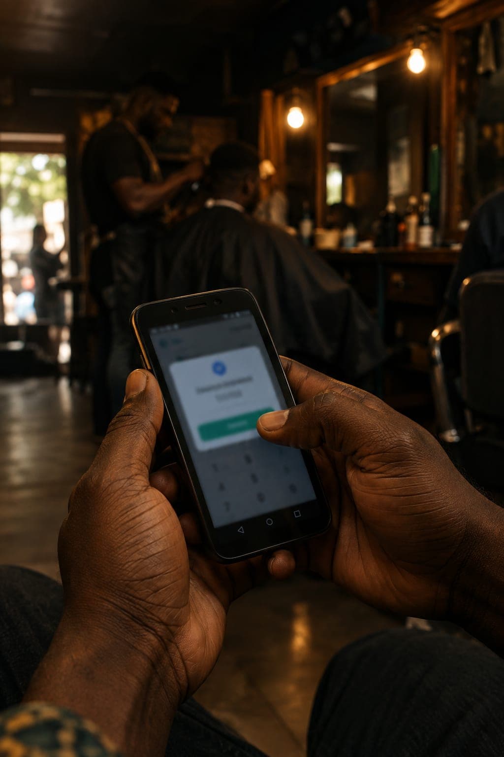 Un client confirme un paiement mobile money sur son téléphone.